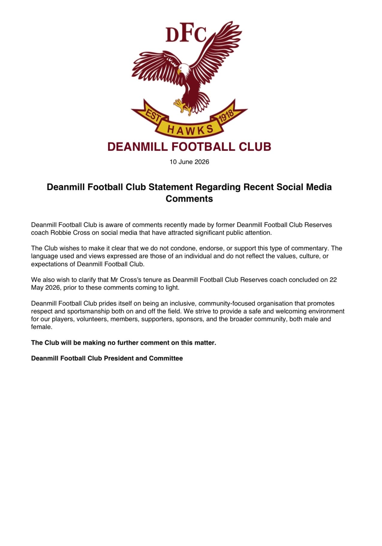 Deanmill Football Club Statement Regarding Recent Social Media Comments